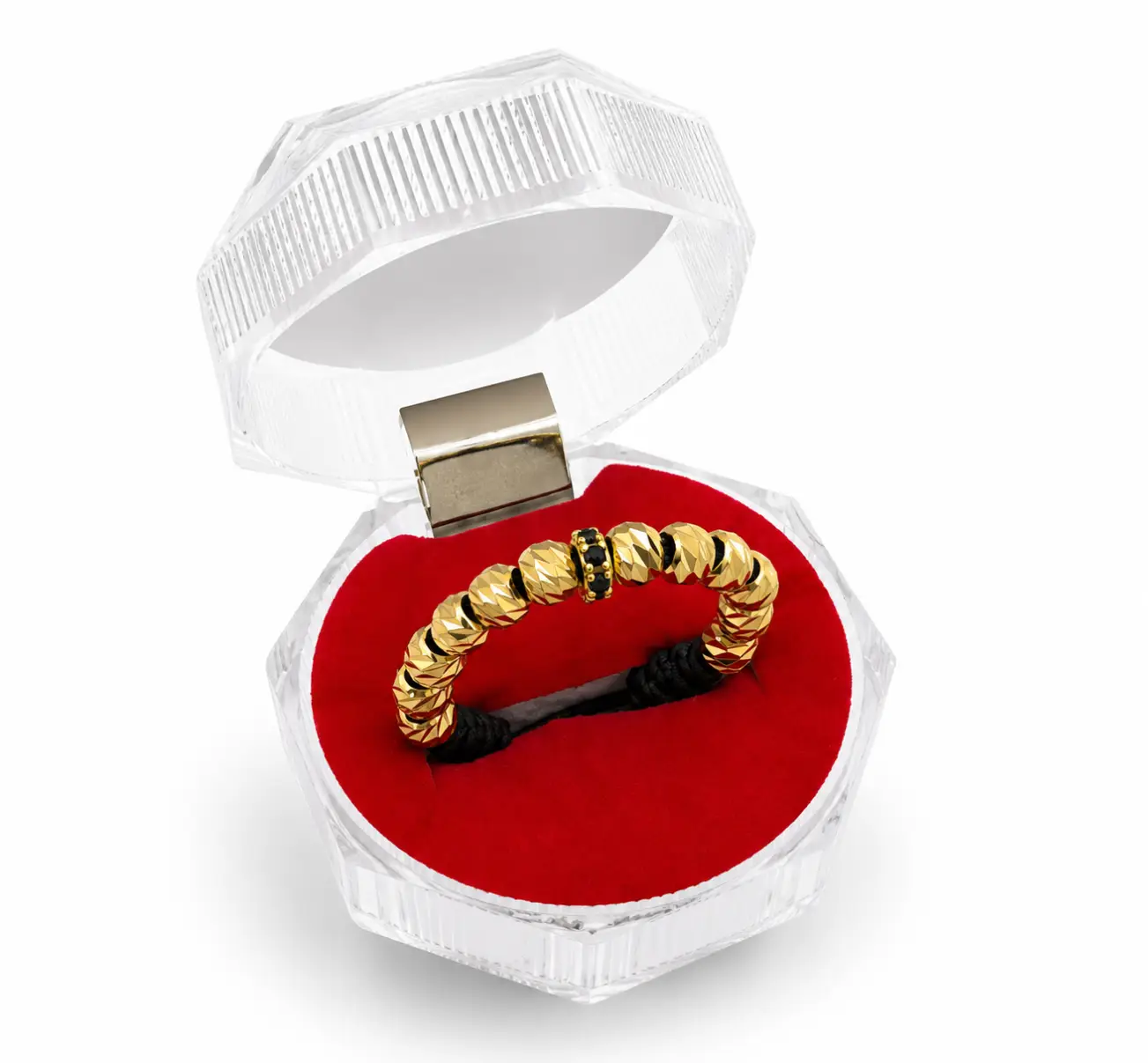 Anillo Diamantado con Rondel, bolitas diamantadas y rondel negro central