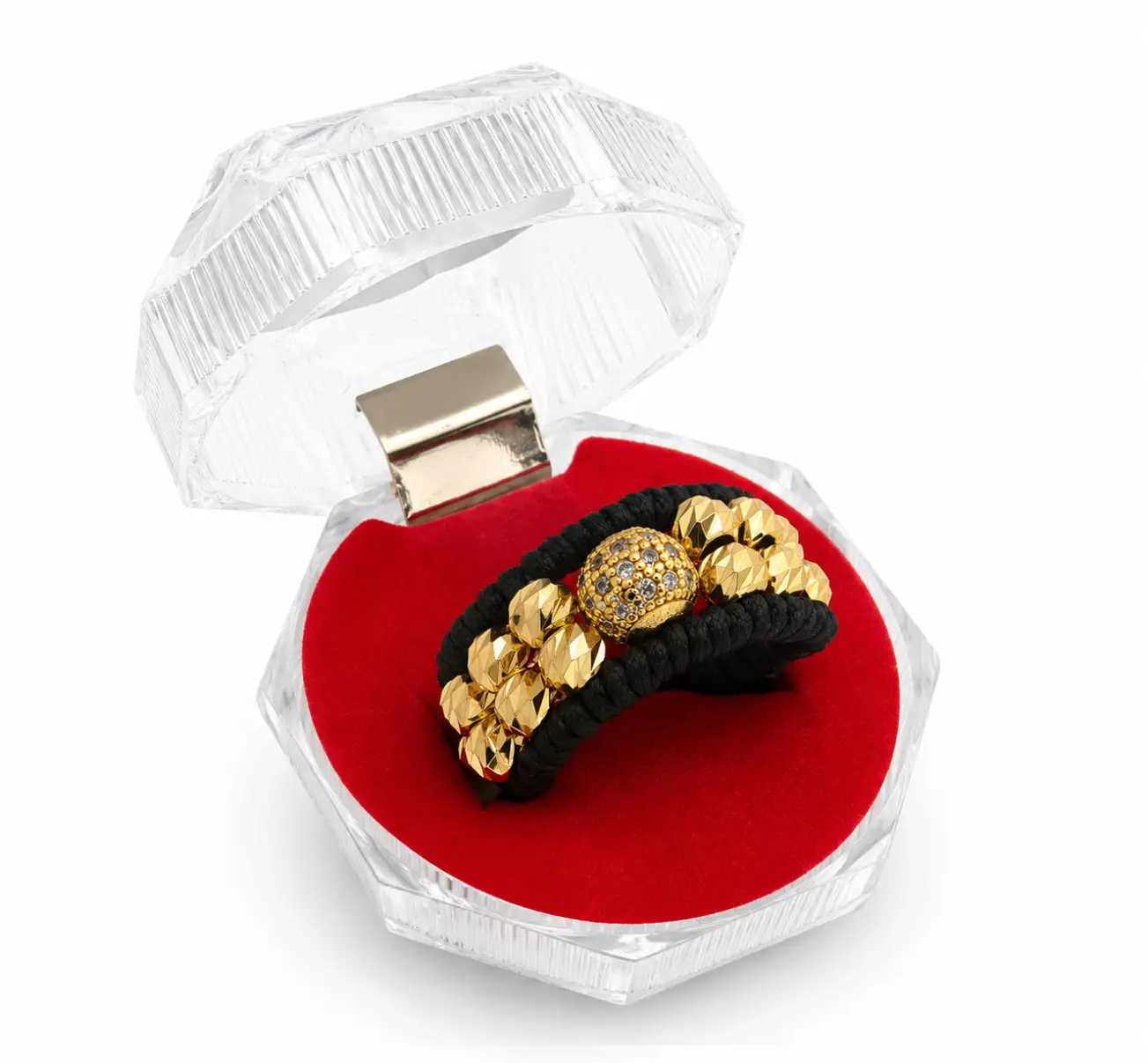 Anillo Liso con Rondel, bolitas lisas y rondel negro central