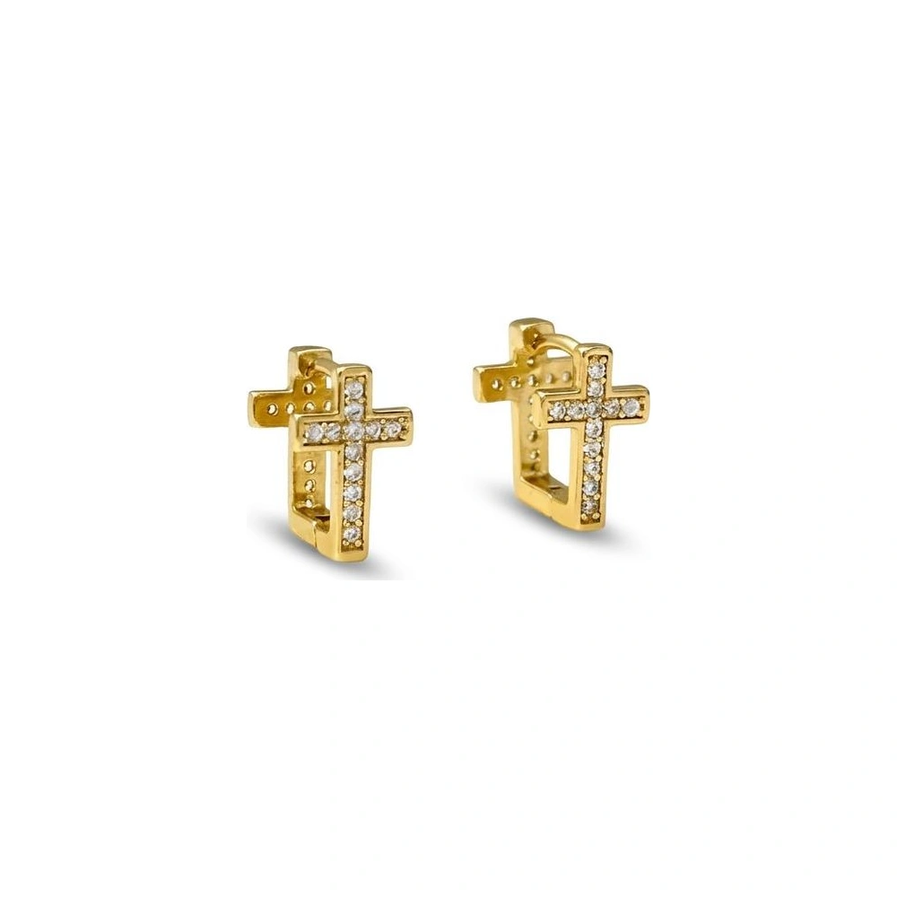 Candonga Cruz Brillante - argolla cruz con circonitas transparentes en oro laminado 18k