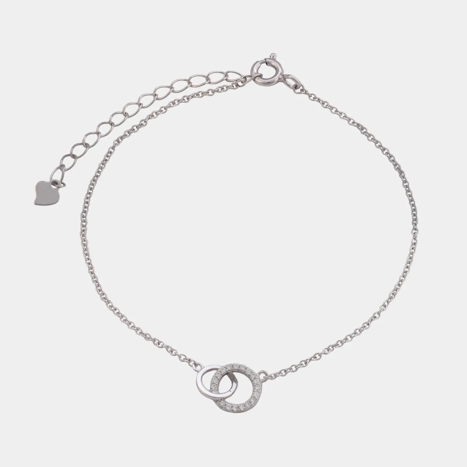 Pulsera Aros Entrelazados, dos aros entrelazados, uno con circonias, sobre cadena fina