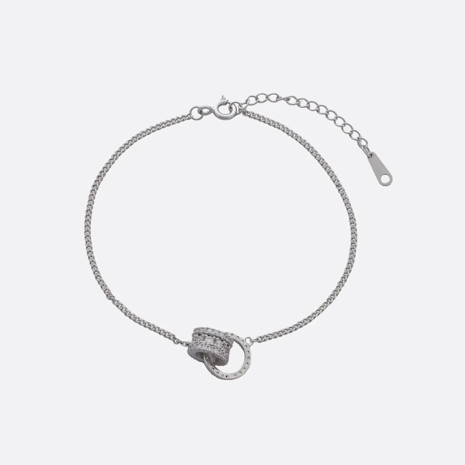 Pulsera Doble Aro Pavé, cadena barbada fina con colgante de dos aros y circonias