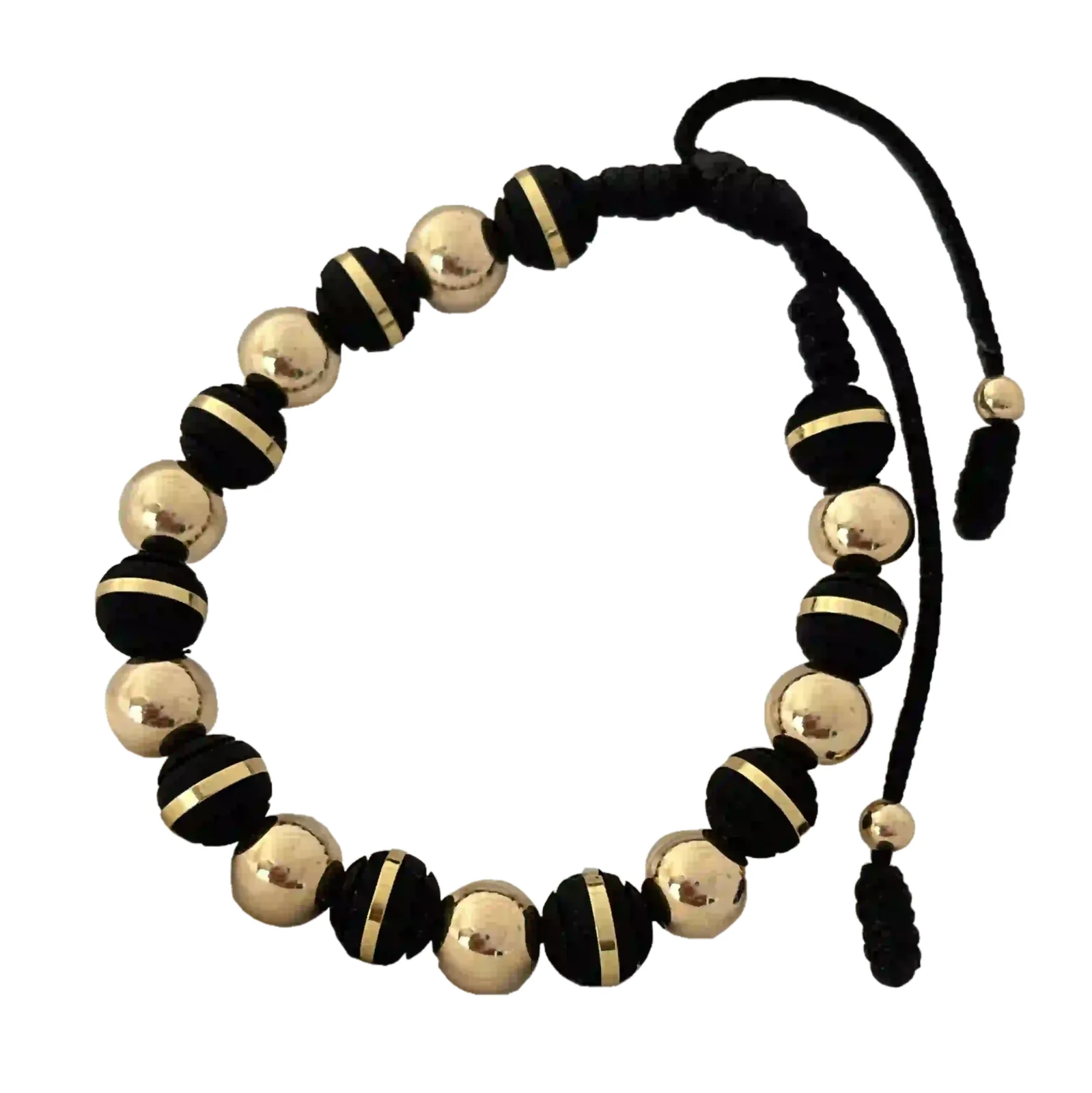 Pulsera Macramé Bicolor Total - cuentas bicolor y esferas acanaladas cubriendo toda la banda negra