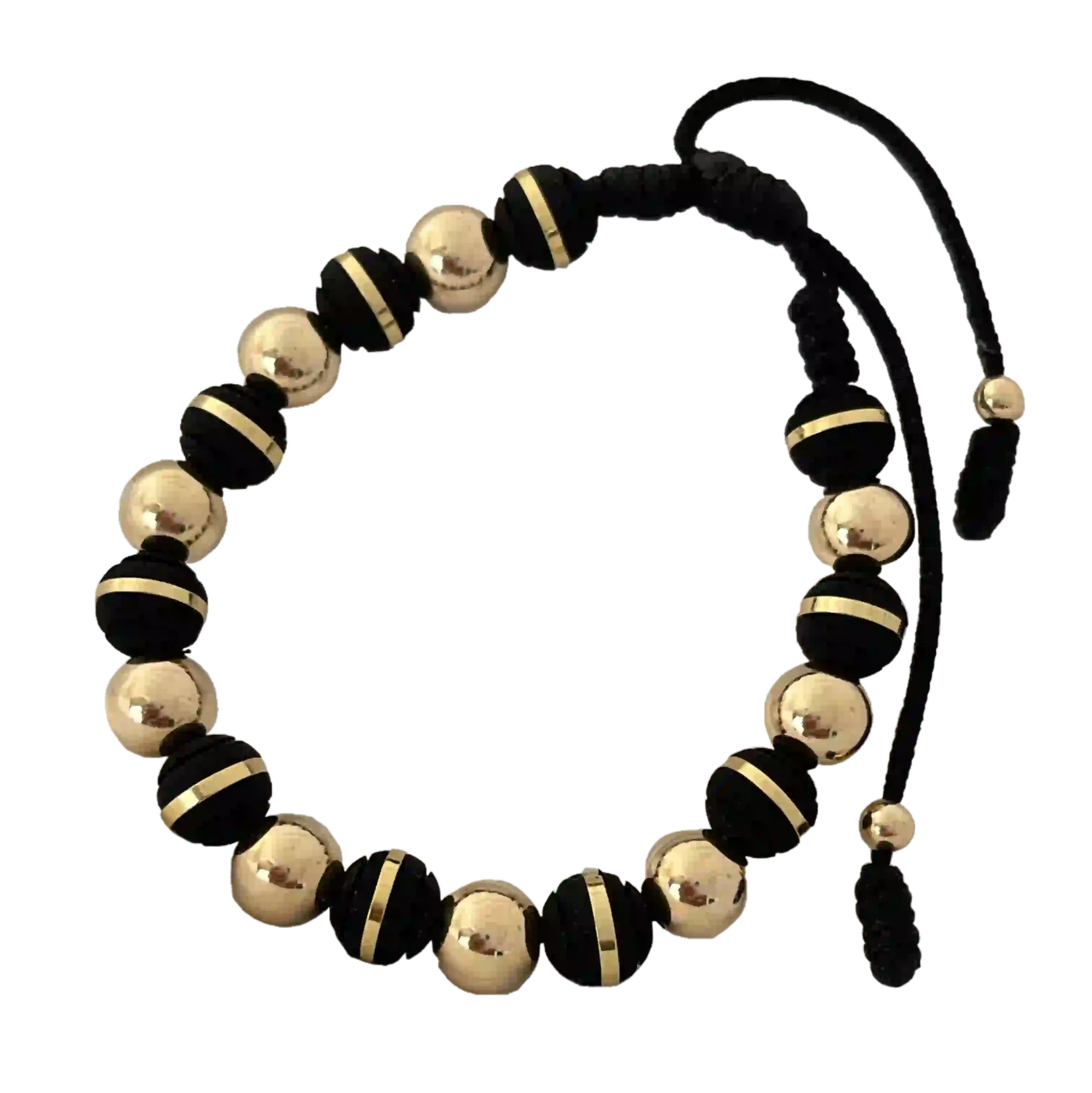 Pulsera Macramé Bicolor Total - cuentas bicolor y esferas acanaladas cubriendo toda la banda negra