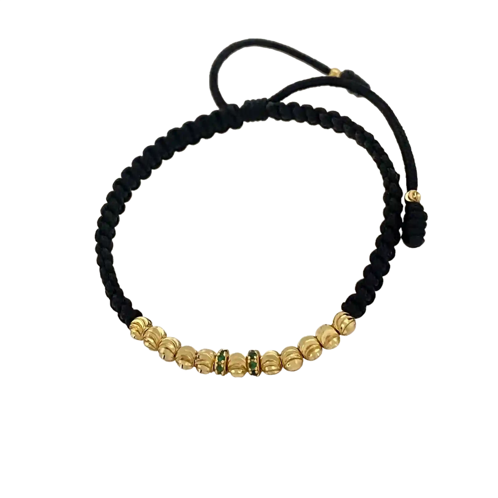 Pulsera Macramé Esmeralda - trenza negra con esferas acanaladas y rondel esmeralda central