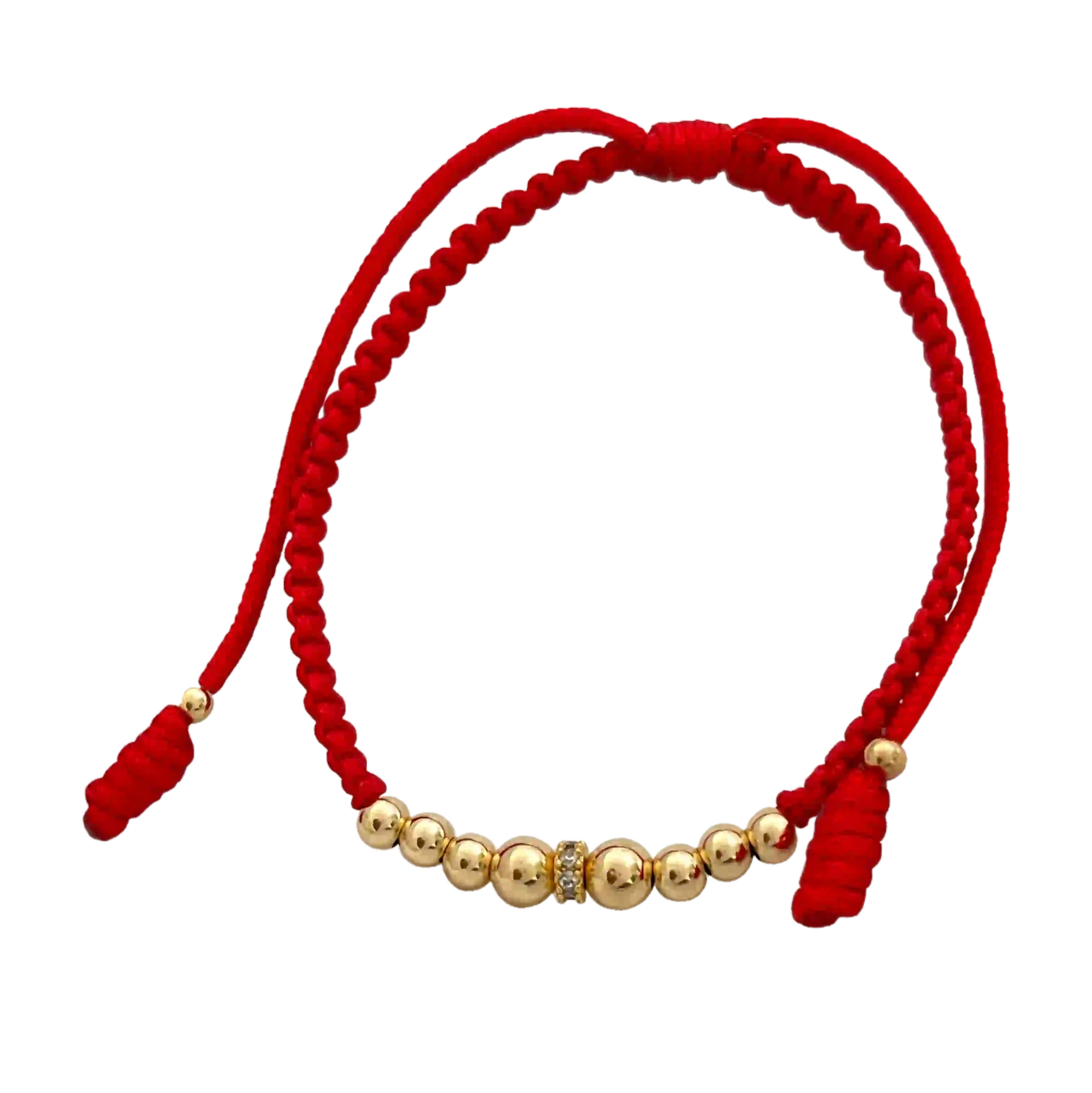 Pulsera Macramé Roja Detalle Acanalado - cuentas pequeñas rojas y doradas con esfera acanalada central
