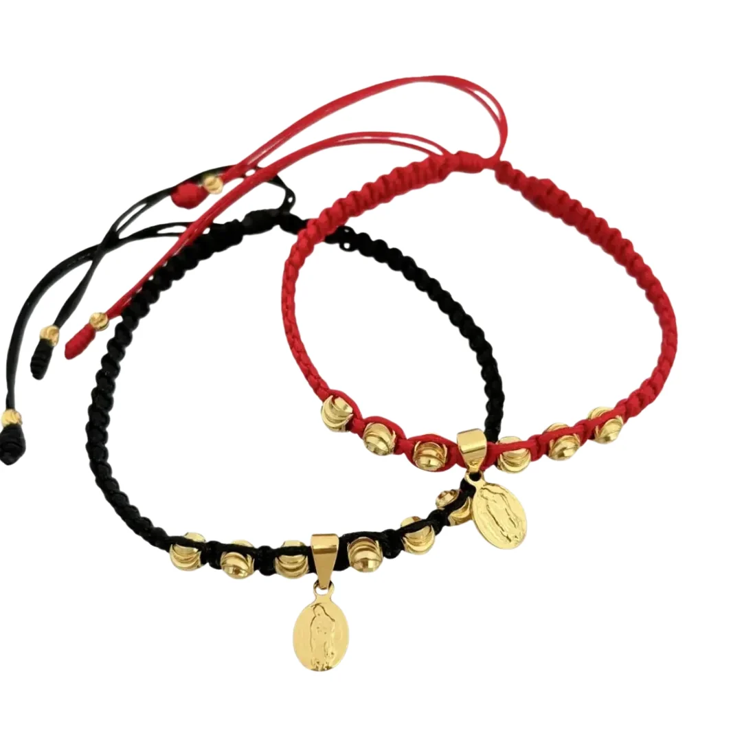Pulsera Macramé Virgen - versiones en negro y rojo con medalla colgante de la Virgen