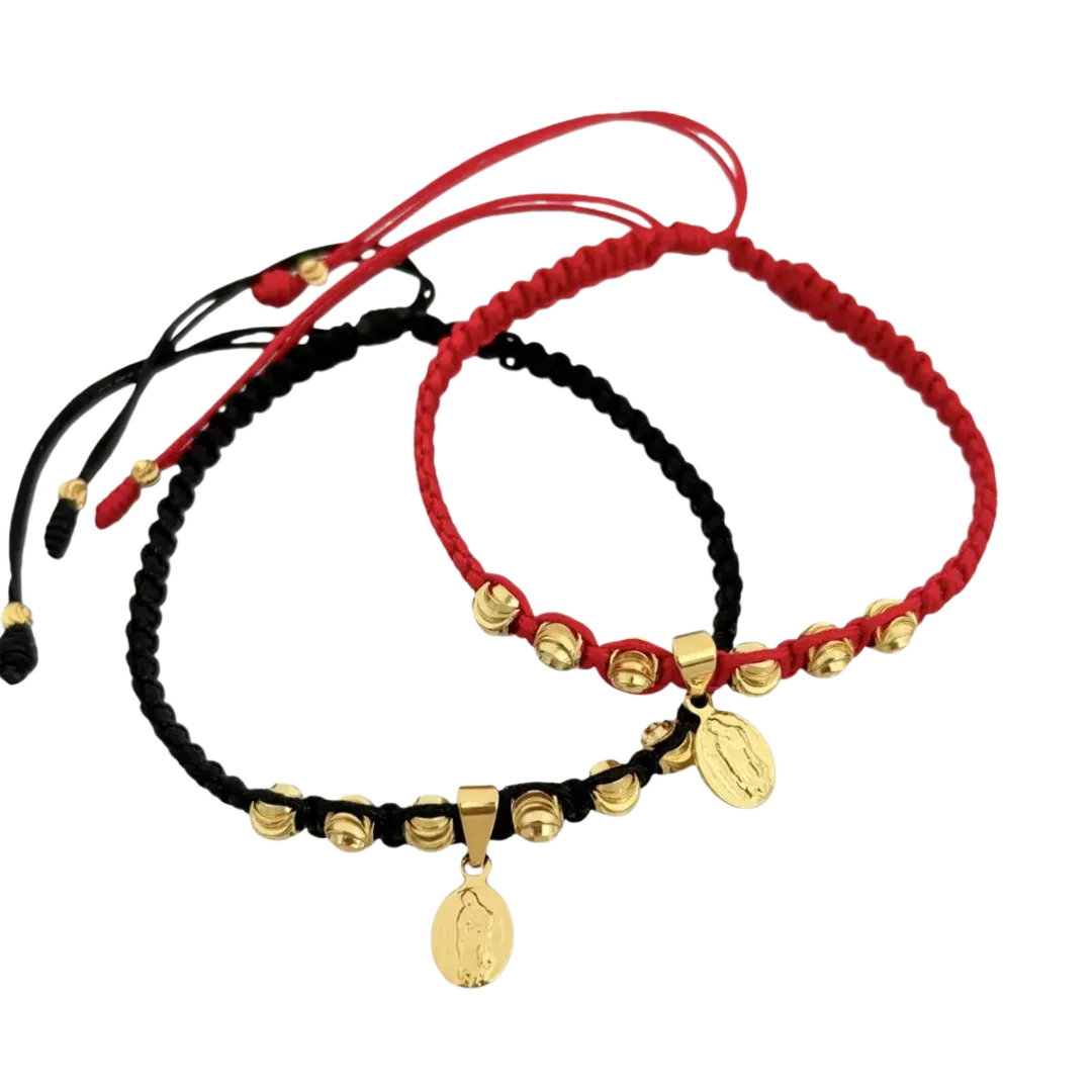 Pulsera Macramé Virgen - versiones en negro y rojo con medalla colgante de la Virgen