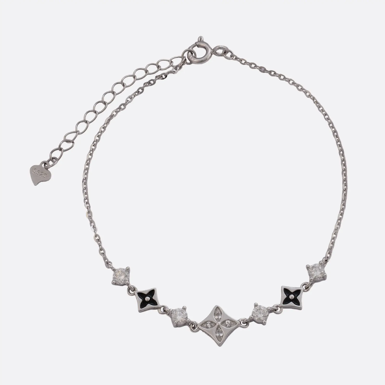 Pulsera Motivos Negros, flor de circonias y rombos con esmalte negro sobre cadena fina