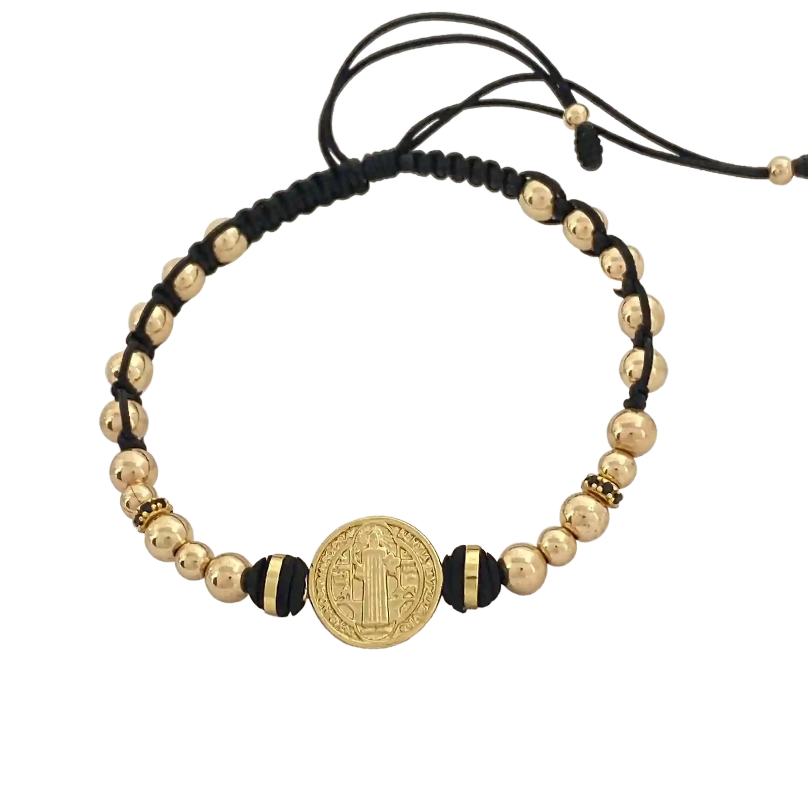 Pulsera San Benito Premium - macramé negro con esferas grandes y medalla San Benito central