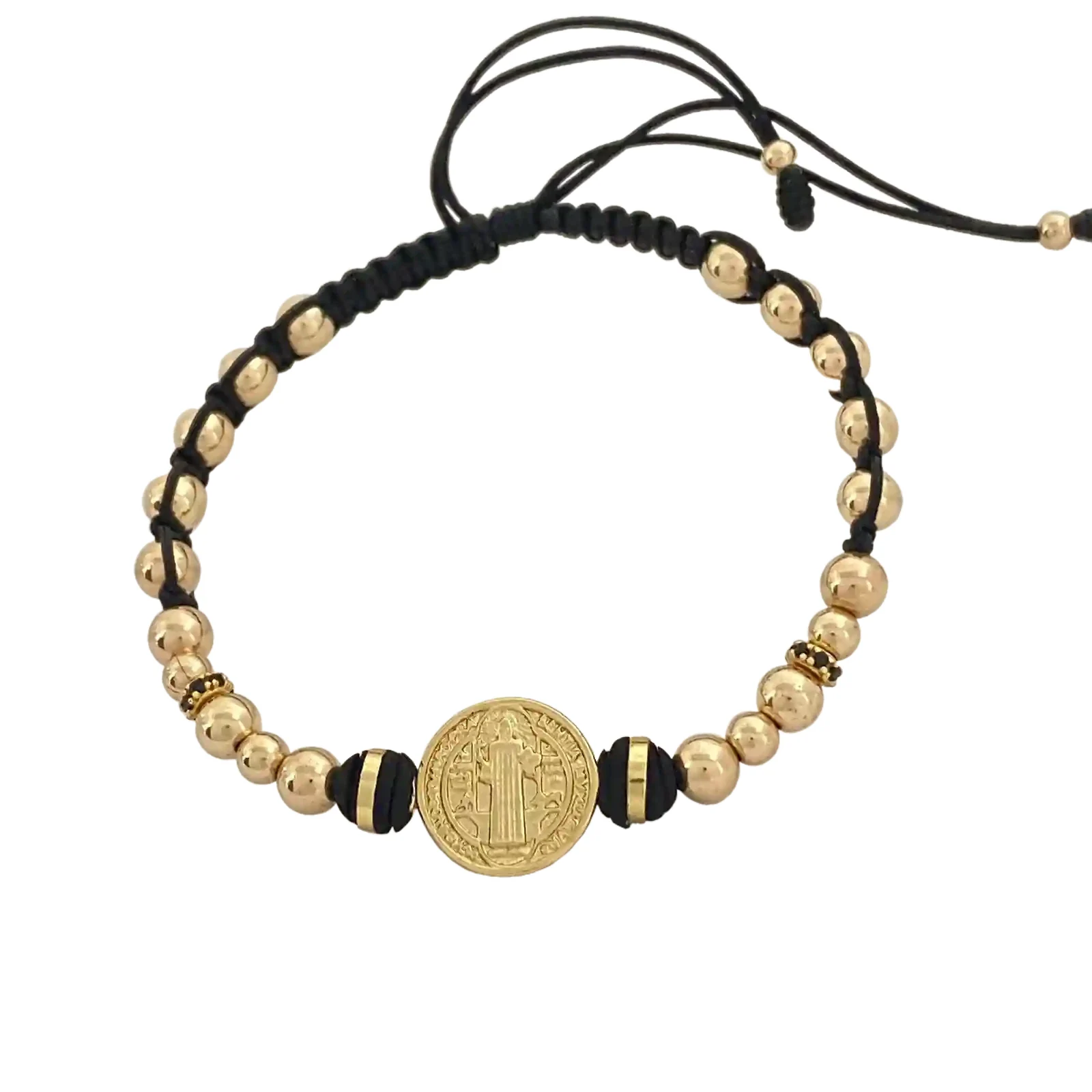 Pulsera San Benito Premium - macramé negro con esferas grandes y medalla San Benito central