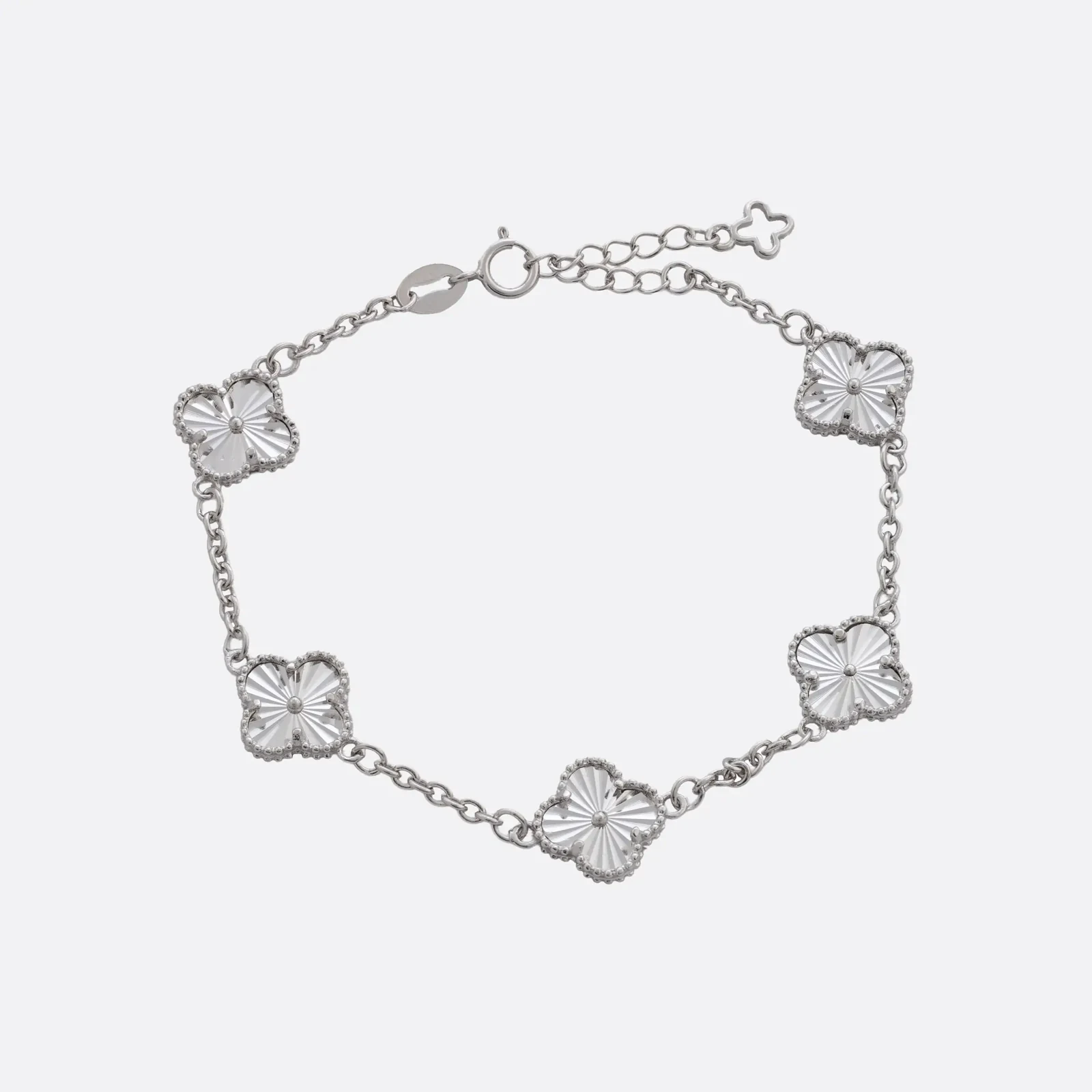 Pulsera Trébol Bordeado, cinco tréboles con borde de bolitas sobre cadena de eslabones