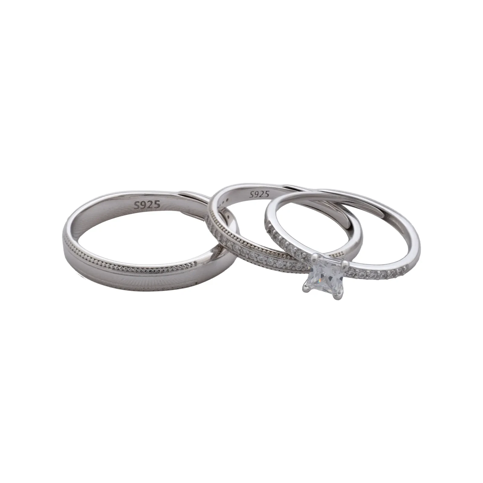 Trío Alianza Milgrano y Solitario Cuadrado, trío de anillos con solitario de talla cuadrada